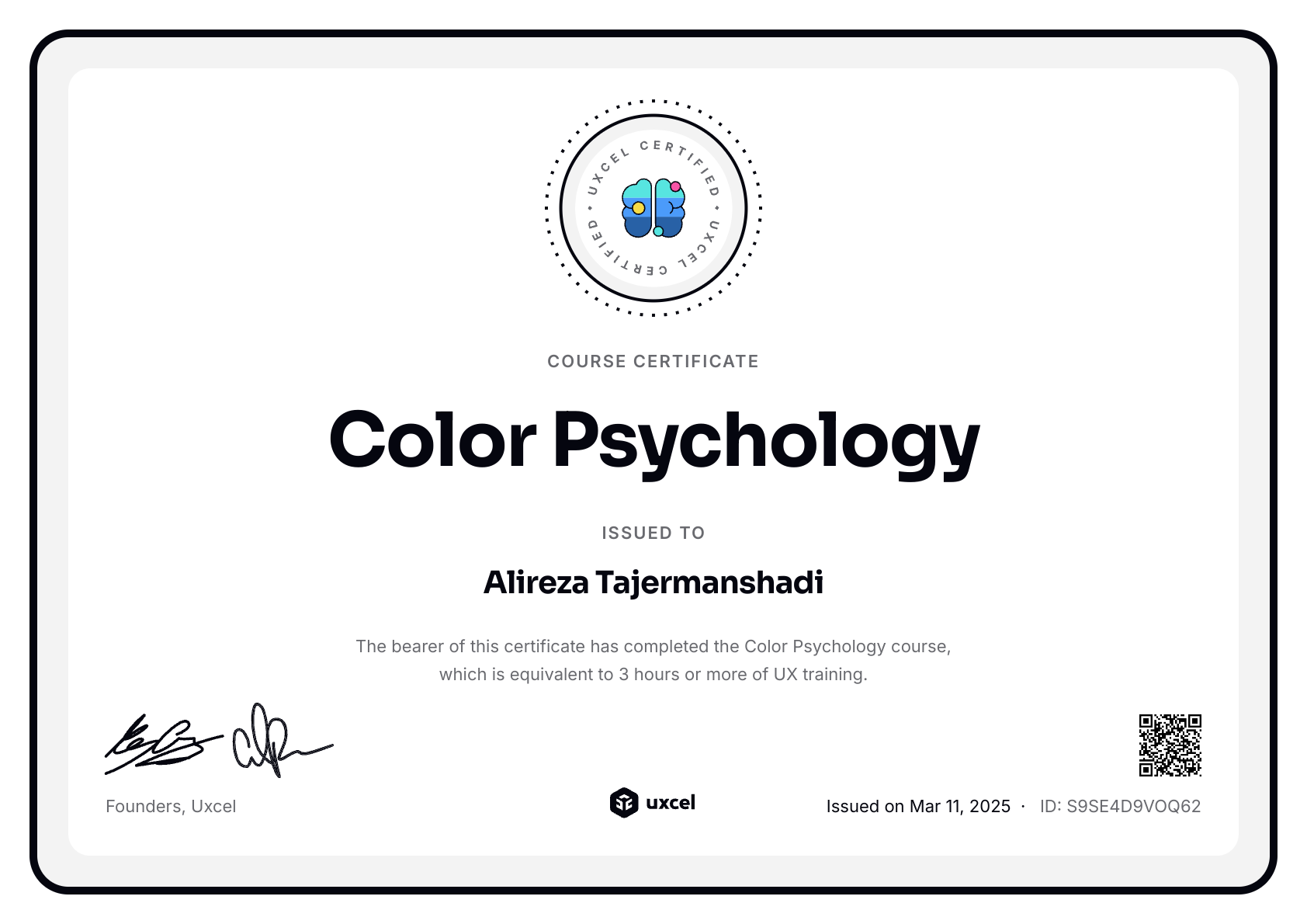 Alireza Tajermanshadi's certificate